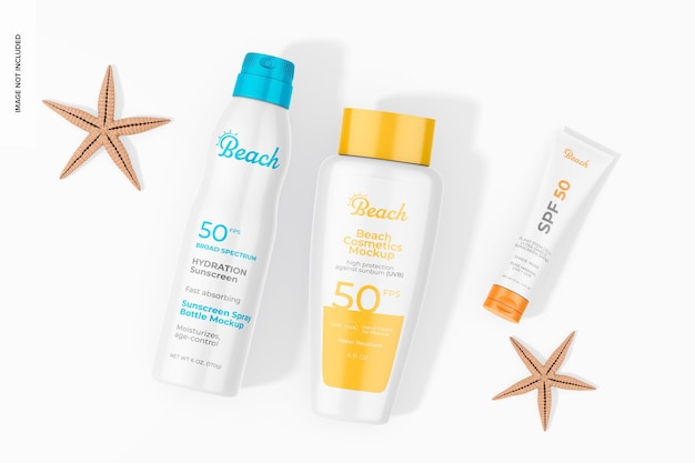 PSD plastic sunscreen bottles mockup top view