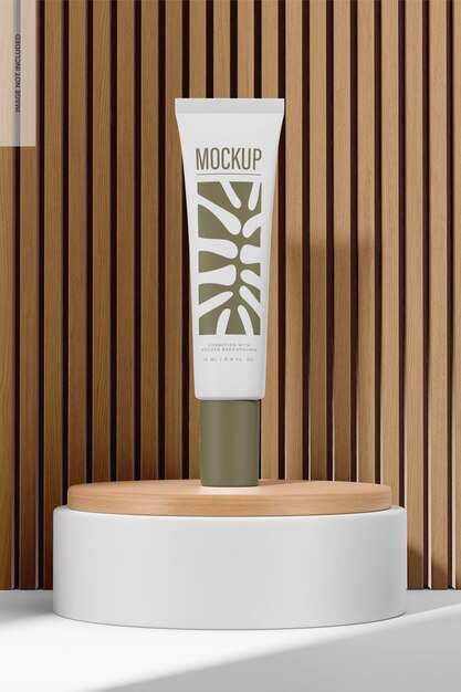 PSD plastic tube with wooden background mockup, front view