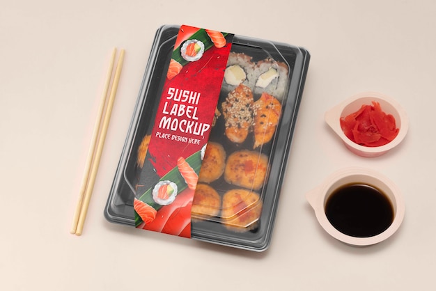 PSD plastic voedselverpakking met sushi-labelmodel