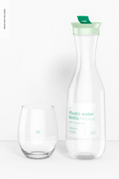 PSD plastic water bottle with hinged lid with glass mockup