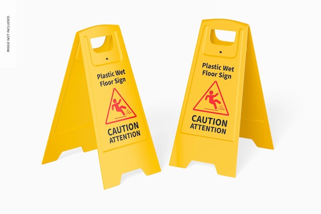 PSD plastic wet floor signs mockup, perspective