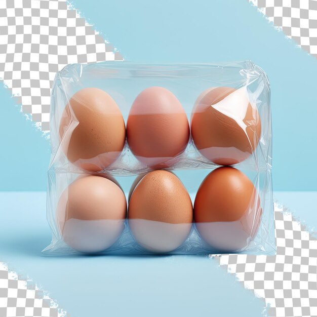 PSD plastic wrapped fresh eggs on table transparent background