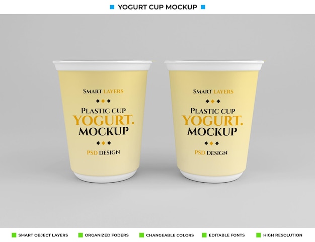 PSD mockup di tazza di yogurt in plastica nel concetto di cibo