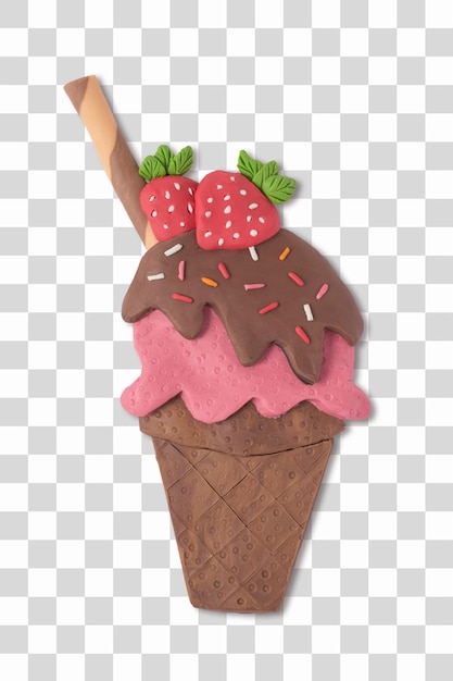 A plasticine ice cream cone with a strawberry and chocolate handmade plasticine ice cream cone