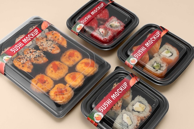 PSD plastikowe opakowanie do żywności z makietą etykiety sushi