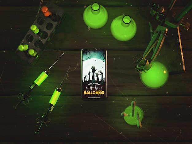 Plat lag halloween concept met smartphone