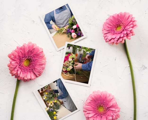 Plat leggen van foto's met lente madeliefjes