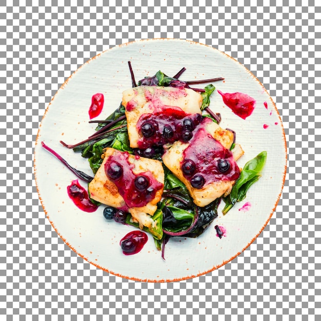 A plate of backed fish with berries on transparent background