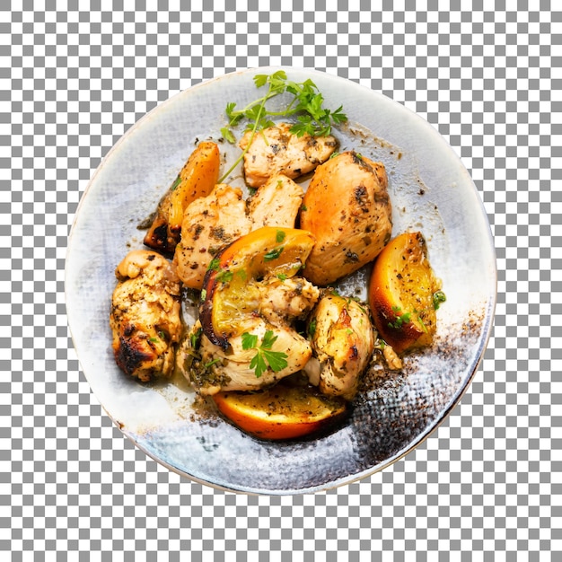 Plate of baked chicken and vegetables on transparent background