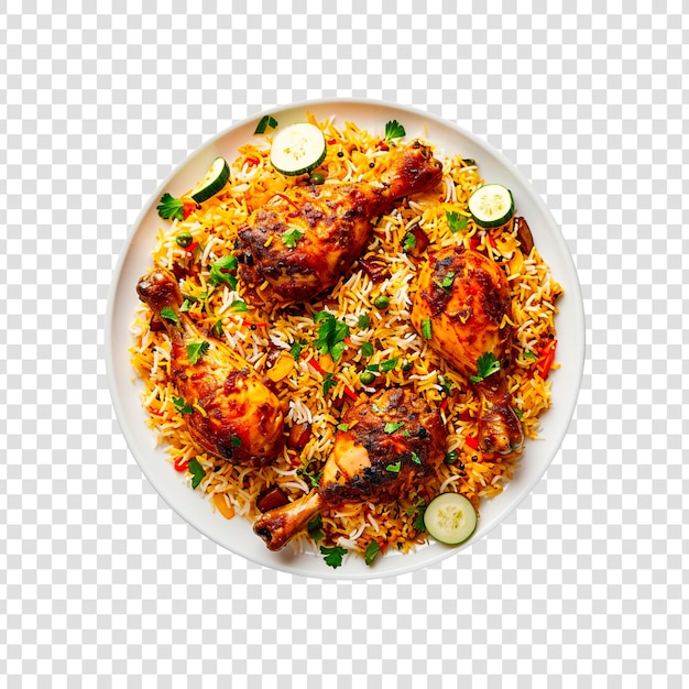 PSD a plate of biryani with chicken pieces on a transparent background