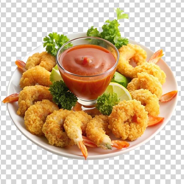 PSD plate of breaded shrimp isolated on transparent background