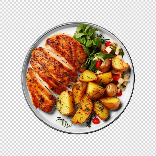 PSD plate of chicken breast and potatoes on transparent background
