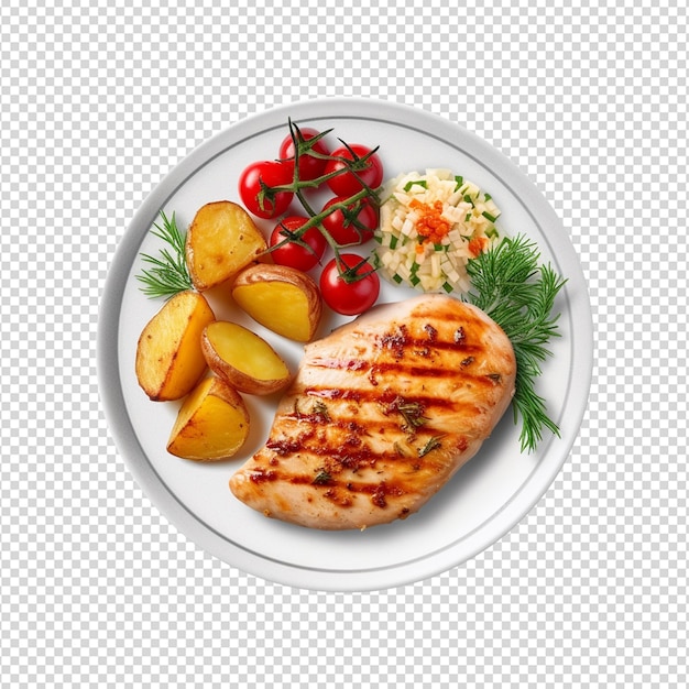 PSD plate of chicken breast and potatoes on transparent background