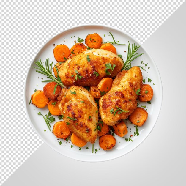 PSD a plate of chicken and carrots with a white plate with a green sprinkle of parsley