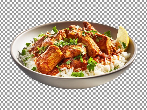 Plate of chicken pieces with rice and parsley on transparent background