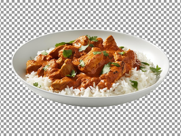 Plate of chicken pieces with rice and parsley on transparent background