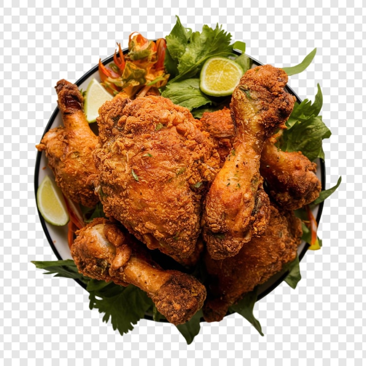 PSD a plate of chicken and vegetables with a lemon wedge on it