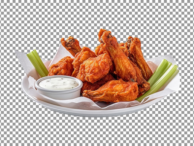 Plate of chicken wings with cream sauce bowl on transparent background