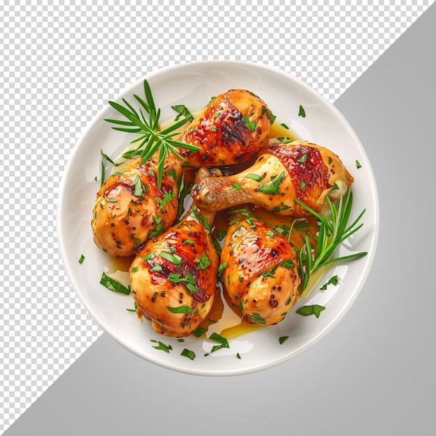 PSD a plate of chicken with a green sprig of parsley on it