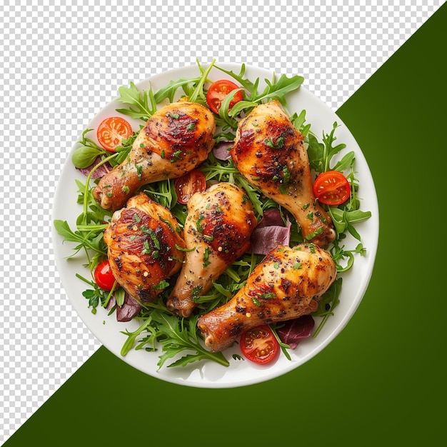 PSD a plate of chicken with vegetables and a green arrow