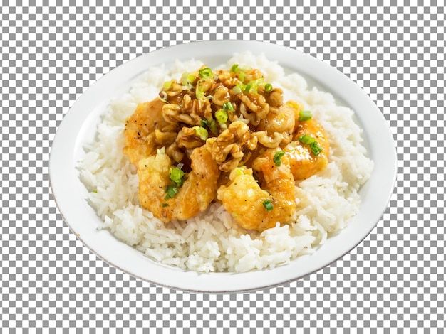 透明な背景にご飯と鶏肉を入れた中華料理のプレート