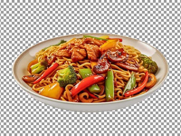 Plate of chinese noodles with chicken and vegetables on transparent background