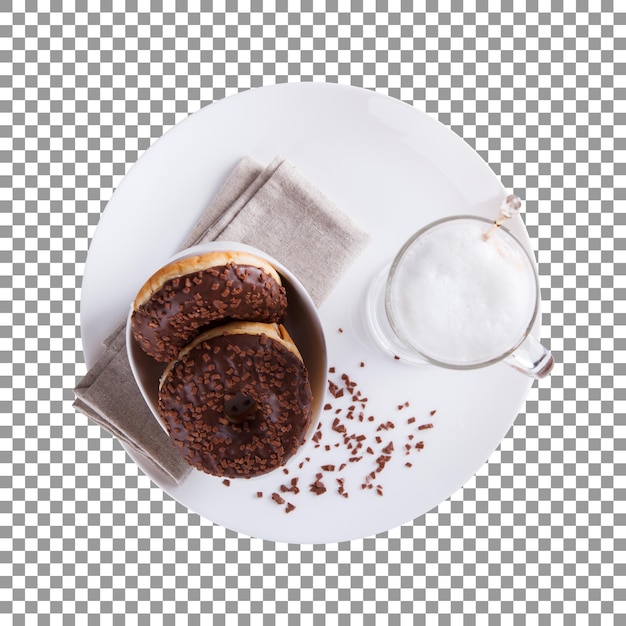 透明な背景にミルクのガラスとチョコレート ドーナツのプレート