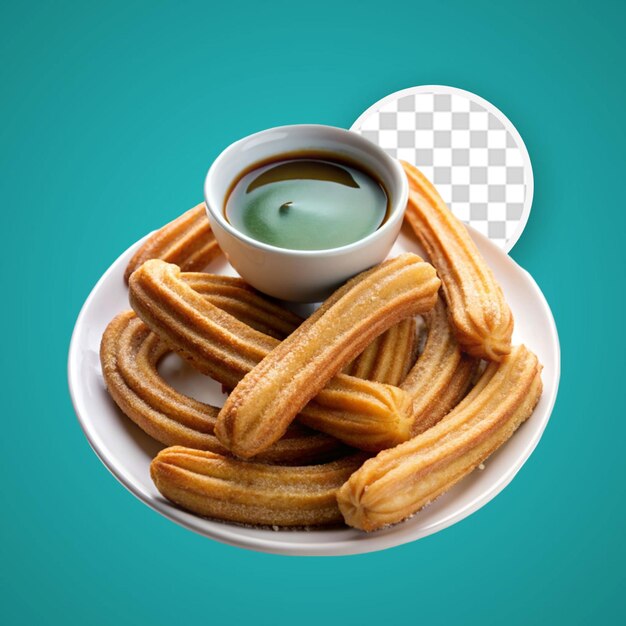 PSD a plate of churros with a dipping sauce on it