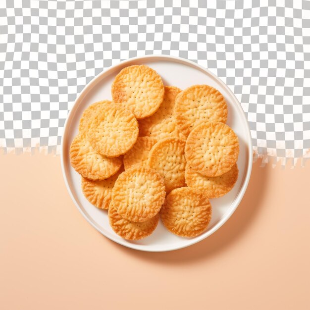 A plate of crackers with a white plate with a checkered pattern on it