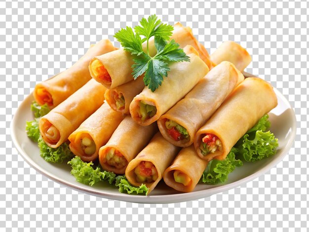 PSD plate of crispy spring rolls isolated on transparent background