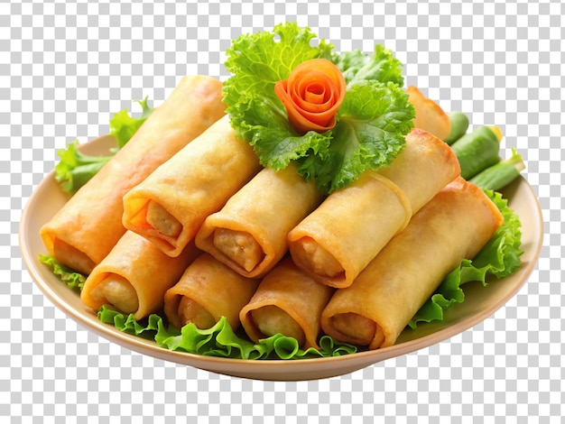 PSD plate of crispy spring rolls isolated on transparent background