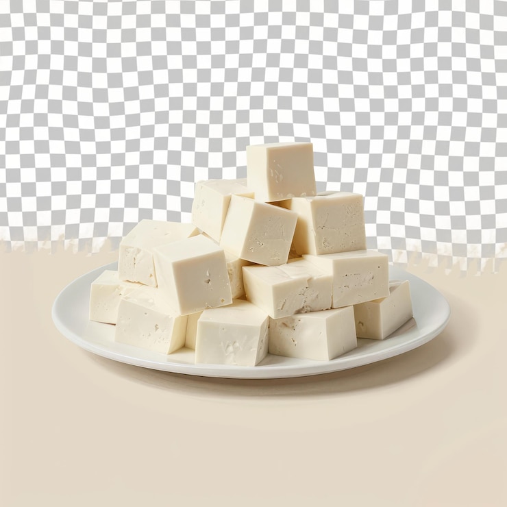 PSD a plate of cubes of tofu sits on a table