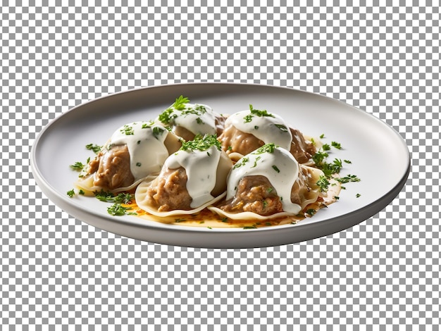 PSD plate of dumplings or momos with green herbs on transparent background