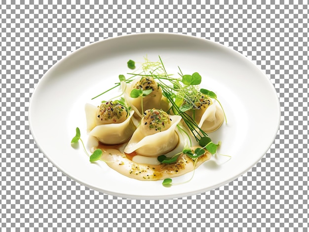 PSD plate of dumplings with a sauce and leaf on transparent background