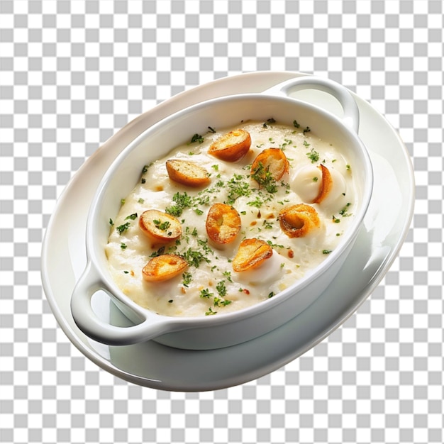 Plate of dumplings with a sauce on transparent background