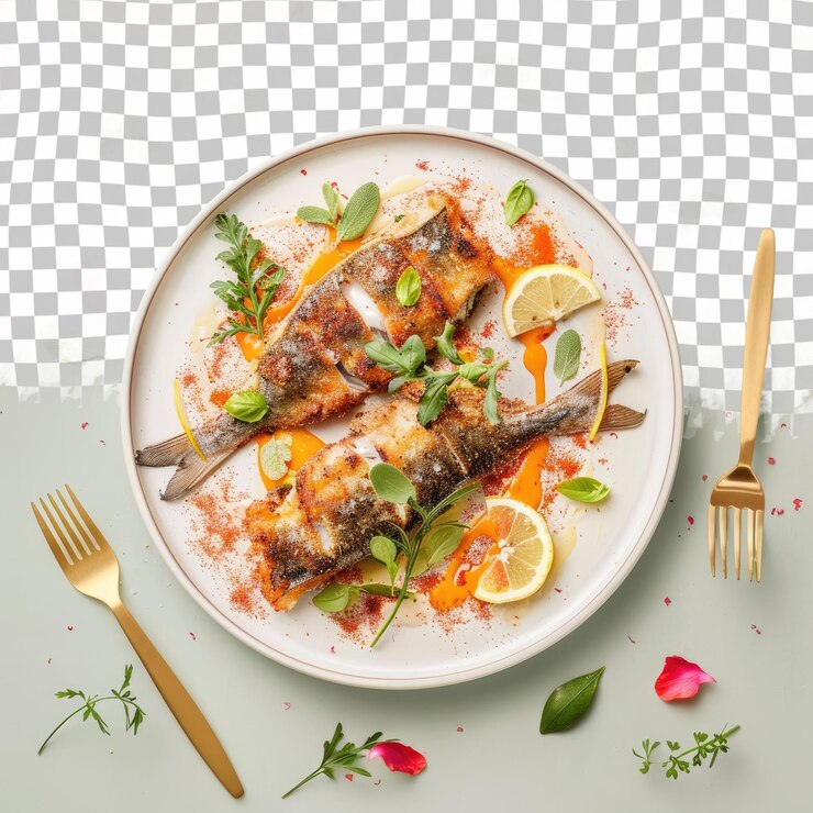 PSD a plate of fish with lemon and parsley on it