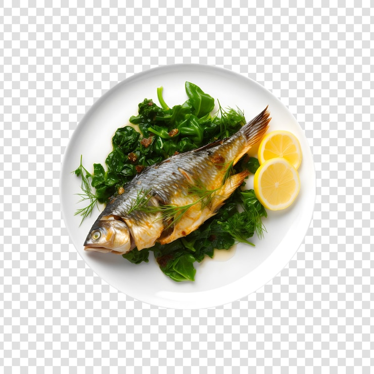PSD a plate of fish with lemon slices and vegetables on a transparent background