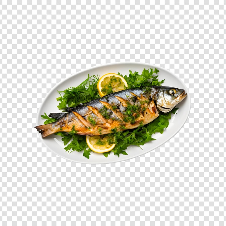 PSD a plate of fish with lemon slices and vegetables on a transparent background