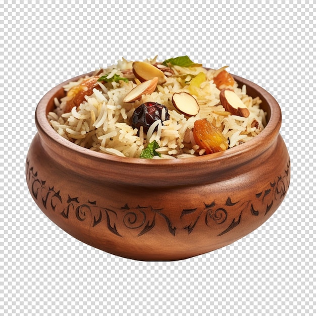 Piatto di cibo con pollo e riso o biryani