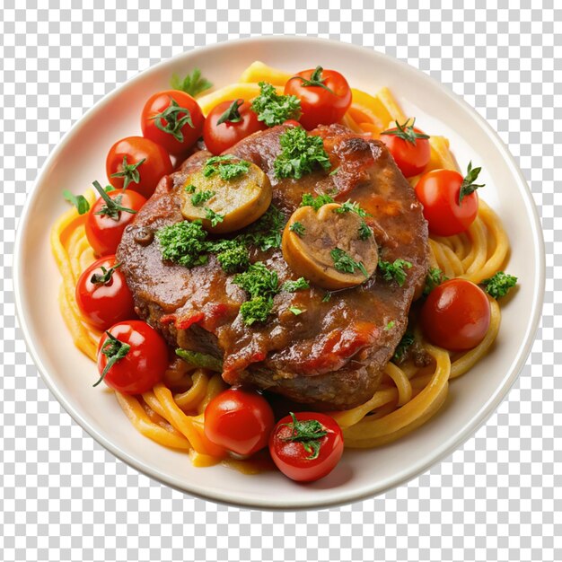 PSD a plate of food with meat vegetables and onions on transparent background