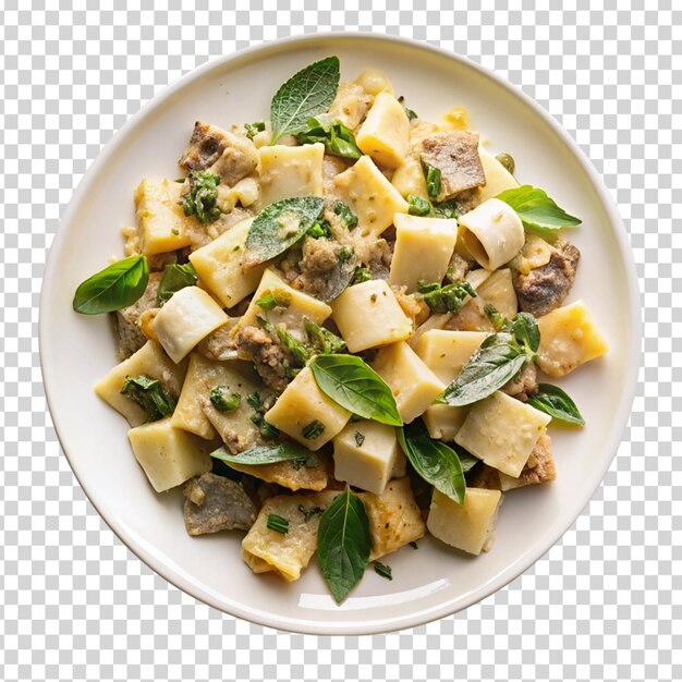 PSD a plate of food with pasta meat and green leaves on transparent background