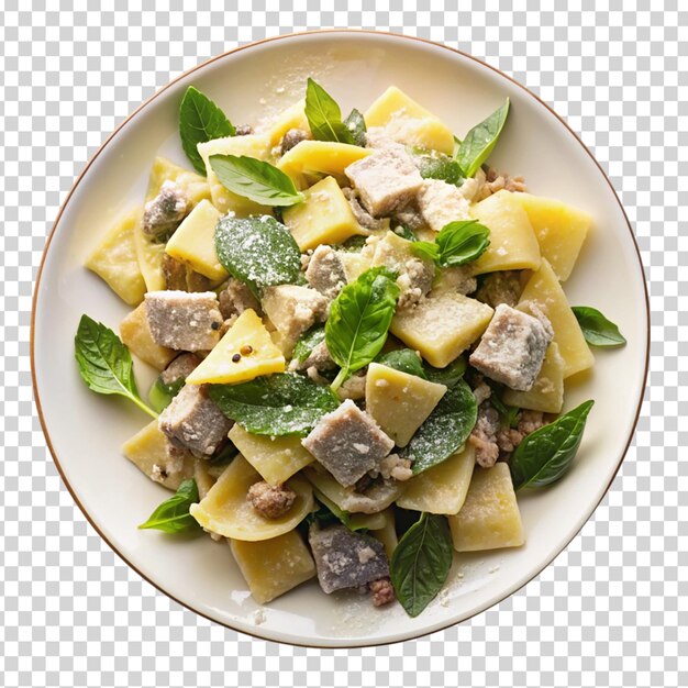 PSD un piatto di cibo con carne di pasta e foglie verdi su uno sfondo trasparente