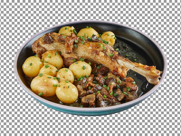 Plate of food with a piece of meat and mushrooms on transparent background