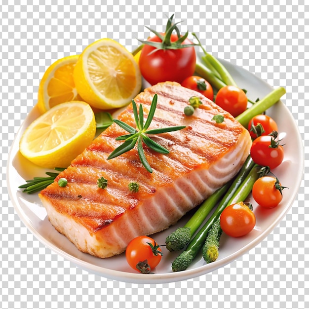 PSD a plate of food with a piece of meat tomatoes and green beans on transparent background
