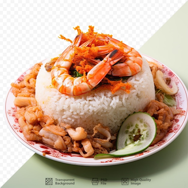 PSD a plate of food with shrimp and rice and a cucumber.