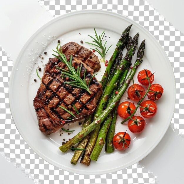 PSD a plate of food with a steak asparagus and tomatoes