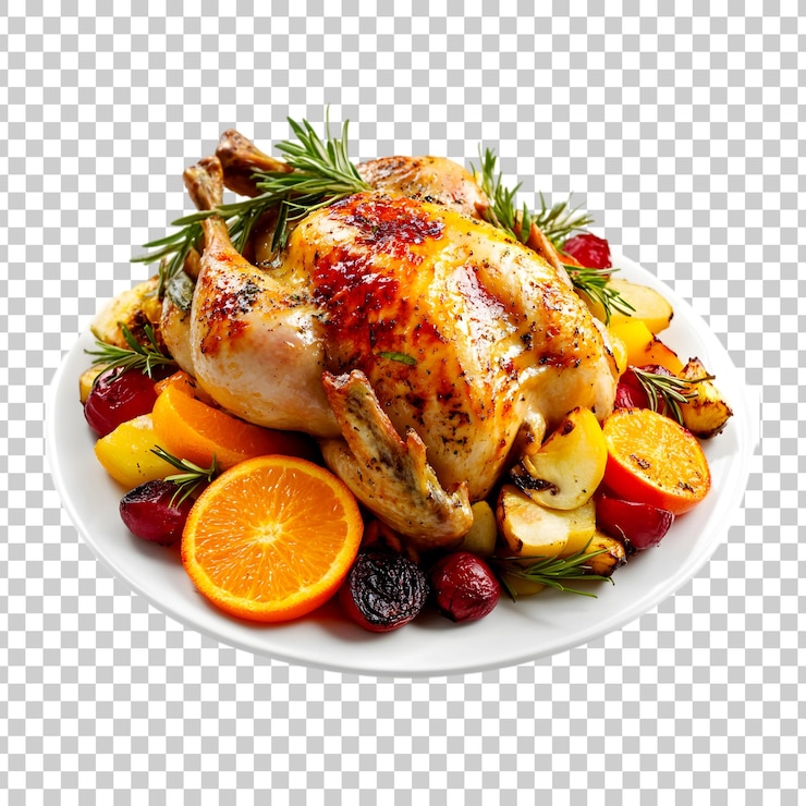PSD a plate of food with turkey and fruits and vegetables and roasted chicken on transparent background