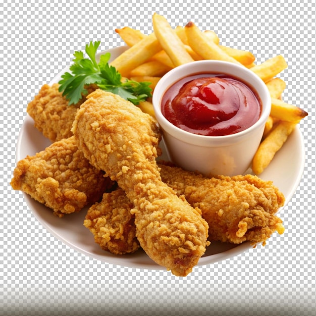 フライドチキンフライドポテトケチャップとケチャップのプレート