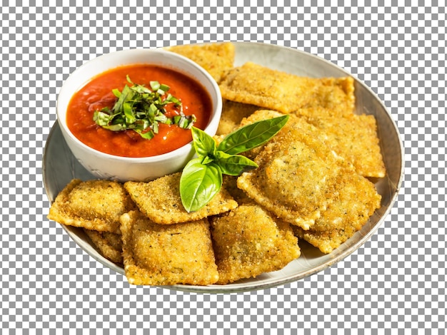 PSD plate of fried ravioli with tomato sauce and basil on transparent background