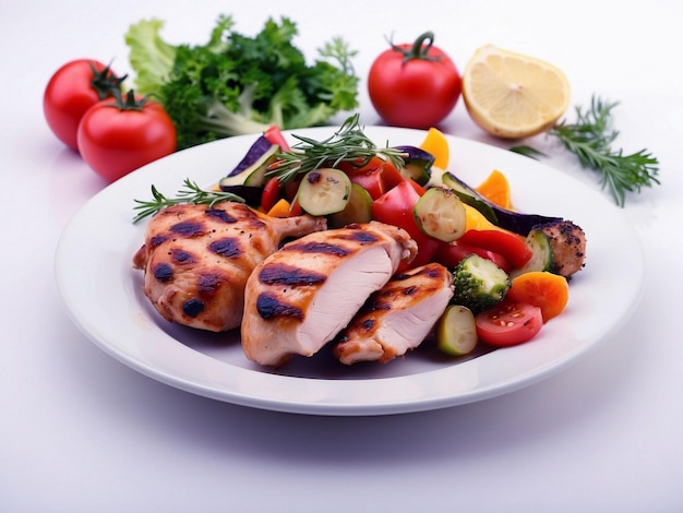 PSD a plate of grilled chicken with vegetables isolated on white background and white plate